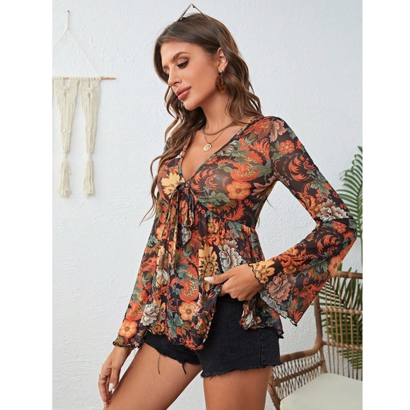 Sheer Mesh Bohemian Floral Flared V-Neck Shirt Long Bell Sleeve - Picture 6 of 13